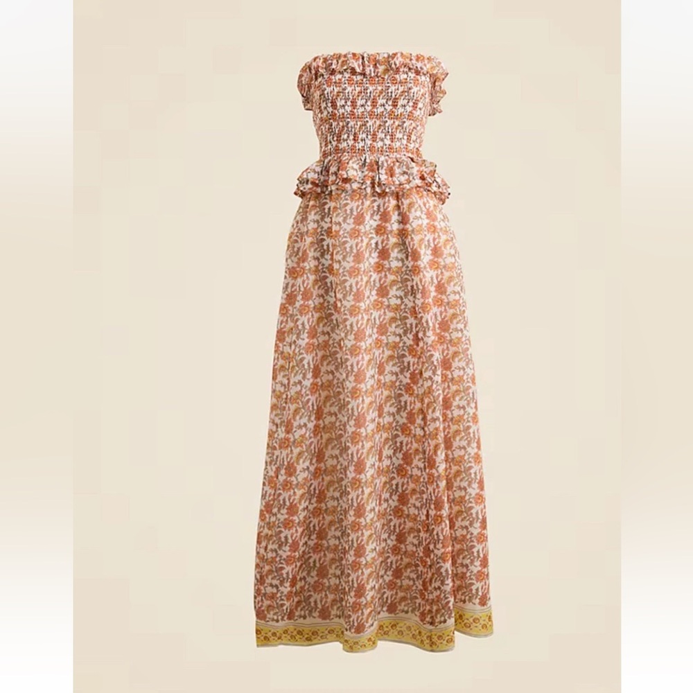 J Crew Dress Smocked Ruffle Strapless Maxi Floral Orange Yellow Women's Size XXL